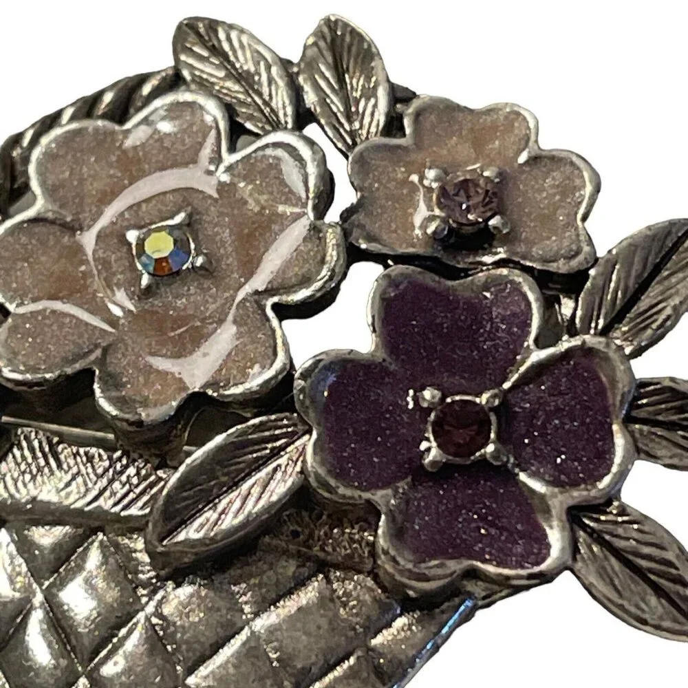 Liz Claiborne Shimmer Enamel Flower Basket Brooch w/‎ AB Rhinestones Silver Tone